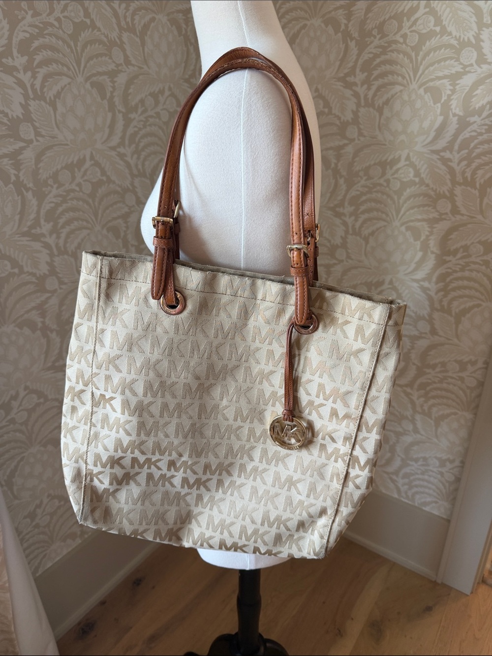 Michael Kors Beige Signature MK Tote with Brown Leather Straps